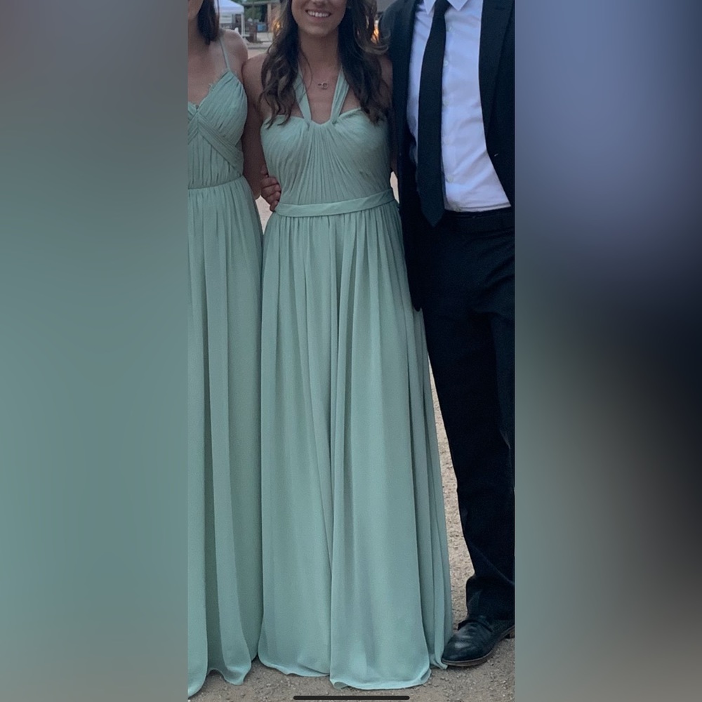 Mint green azazie bridesmaid dress full length halter